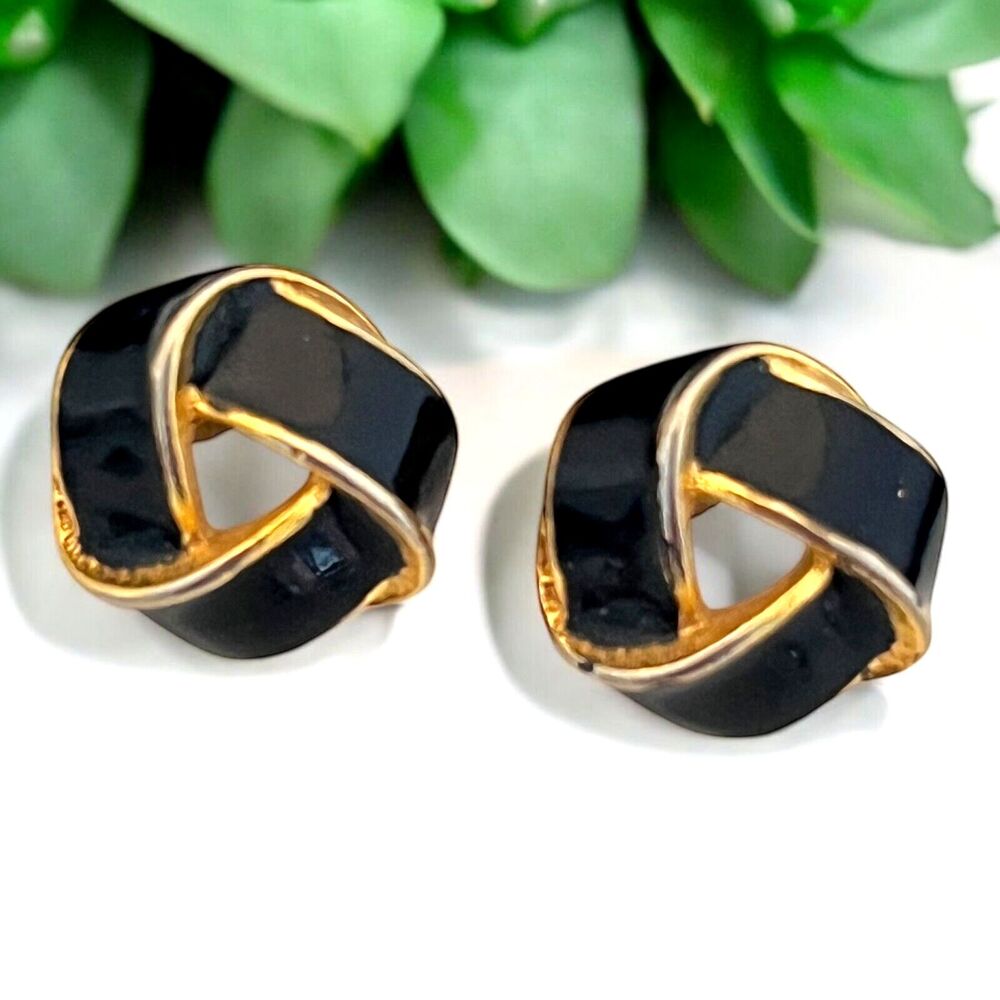 Vintage 1980s Napier Love Knot Earrings Black Enamel Gold Tone Pierced - 9C